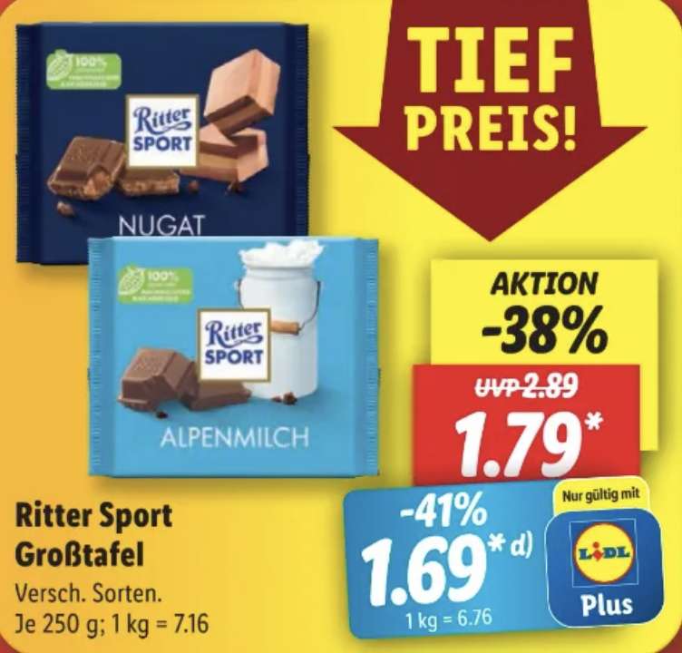 Ritter Sport 250Gramm Tafel ab 21.4. bei Lidl für 1,79€ mit App 1,69