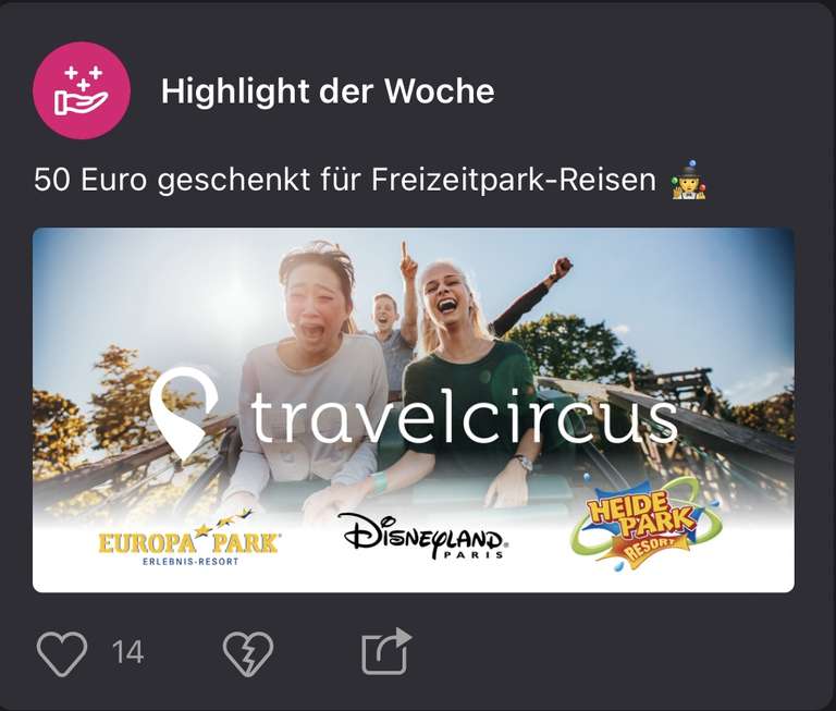 50€ Gutschein Freizeitpark Travelcircus Disneyland, Heide Park, Phantasialand, Europa Park, Movie Park u.v.m. [Telekom Magenta Moments App]