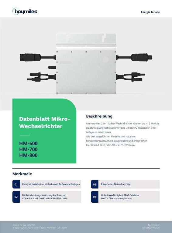 Hoymiles HM-800W Wechselrichter Balkonkraftwerk Solar für 140€