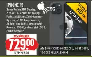 ab 21.05. Marktkauf Rhein Ruhr Apple iPhone 15 128GB (Apple A16, 6.1", 2556x1179 Pixel, OLED, 2000nits, 48MP, HDR, 5G, Dual-SIM) 729€