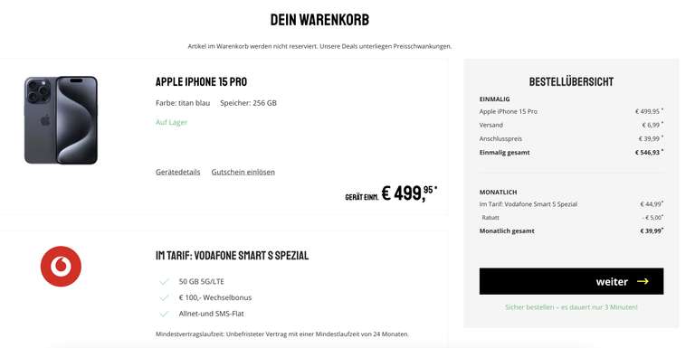 Vodafone Netz: Apple iPhone 15 Pro 256GB im Smart S Spezial für 39,99€/Monat, 529€ Zuzahlung, 100€ Wechselbonus