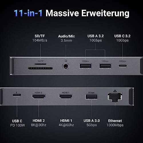 [PRIME] UGREEN Revodok USB C Docking Station Dual Display 11 IN 1 USB C Hub mit Dual HDMI,