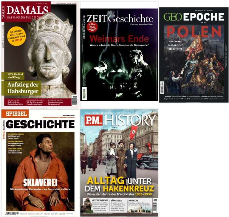 5 Geschichtsmagazine im Abo: z.B. Zeit Geschichte für 36,54€ | Spiegel Geschichte | Damals | GEO Epoche | PM History