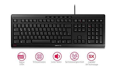 CHERRY STREAM KEYBOARD Tastatur mit deutschem Layout (QWERTZ), kabelgebunden (USB), SX Scherenmechanik, schwarz - mit Prime