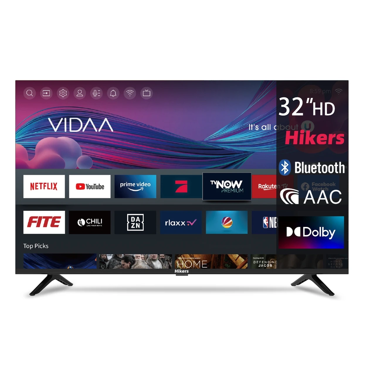 Hikers 32" LED Smart HD TV VIDAA DVB-T2/S2 Netflix/Prime Video/Disney+ 2×HDMI 2×USB Dolby Digital+ WLAN Bluetooth Schwarz (Neukunde App)