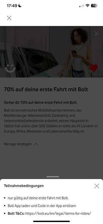 Vodafone Happy / 70% (maximal 13€) auf erste Bolt Fahrt