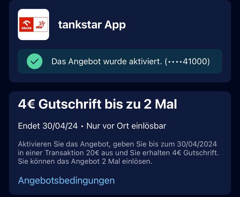 [AMEX Offers] 4€ Rabatt ab 20€ (2x) bei Star und Orlen Tankstellen (Tankstar App)