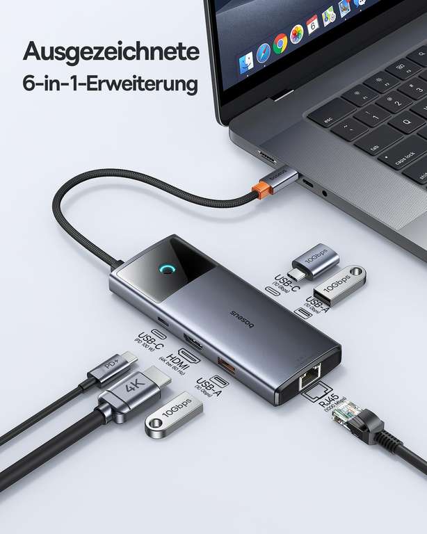 (Prime) Baseus USB C-Hub 10Gbps USB 3.2 Adapter mit LAN Ethernet, 4K@60Hz HDMI, 2 USB A, USB C, 100W PD, 6 in 1 Docking Station
