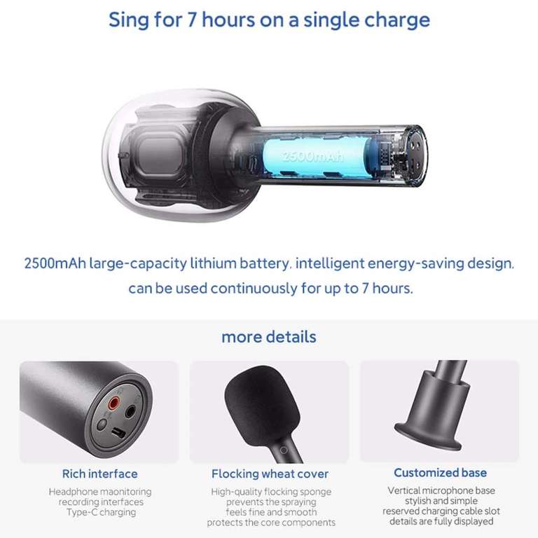 Xiaomi Karaoke Microphone / Mikrofon (Bluetooth 5.1, USB-C, ~7h Akku, 2x 5W Lautsprecher, DSP-Chip, 9 Effekte, Direct-Monitoring)
