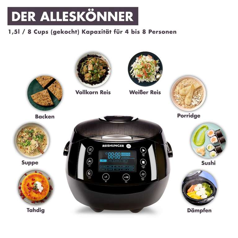 REISHUNGER | Digitaler Reiskocher 1,5L (alle Farben) für nur 107,99 € + GRATIS 2x Schalen + GRATIS Reisset (4 x 200 g) (inkl. Versand)