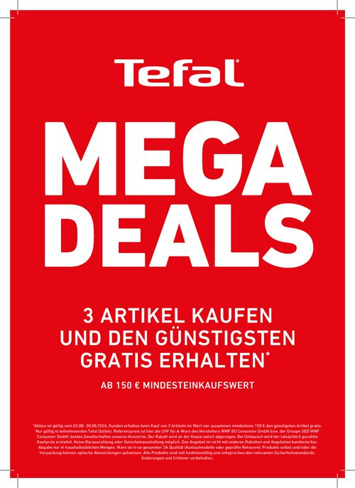 (Lokal Marl) Tefal Mega Deal - 3 Artikel kaufen und den günstigsten gratis erhalten / ab 150€ Mindesteinkaufwert