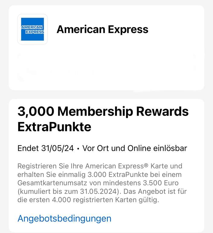 3000 Extra Membership Rewards für Umsatz in Höhe von 3500 Euro (ggfs. 6000 Punkte für 6500 Euro) bis 31.05.2024 [personalisiert]