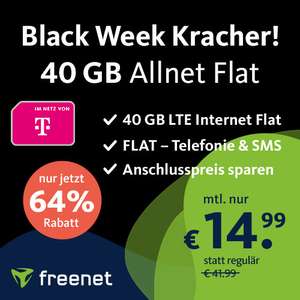 [Telekom-Netz] 40GB green LTE Tarif von freenet für mtl. 14,99€ + 0€ AG mit VoLTE & WLAN Call, Allnet- & SMS-Flat + eSIM & Wunschdatum