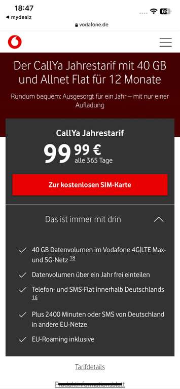 Vodafone Callya Jahrestarif 99,99 Euro