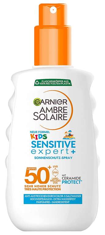 Garnier Sonnencreme LSF 50+ für Kinder, Wasserfest, Ambre Solaire Kids Sensitive expert+ Sonnenschutzspray, 150 ml [Prime Spar-Abo]