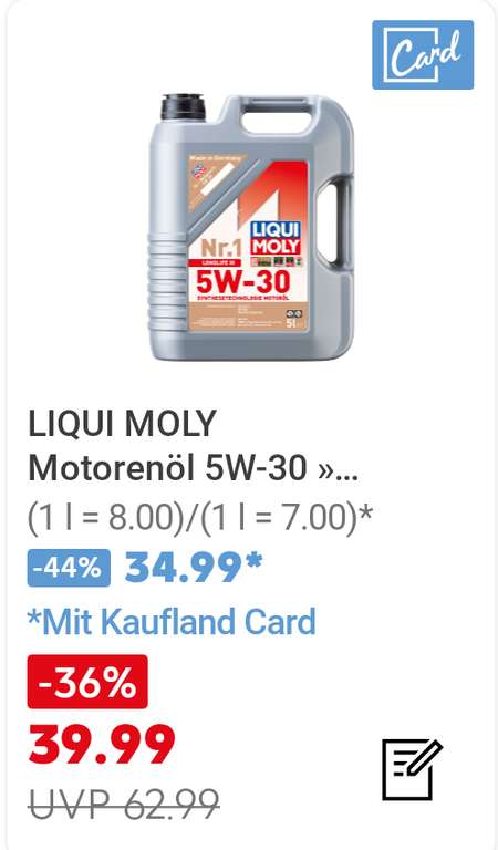 [Kaufland Card] Liqui Moly Motorenöl 10W-40 5 L für 17,99 € - Liqui Moly Motoröl Nr.1 Longlife III 5W-30 5 L für 34,99 €