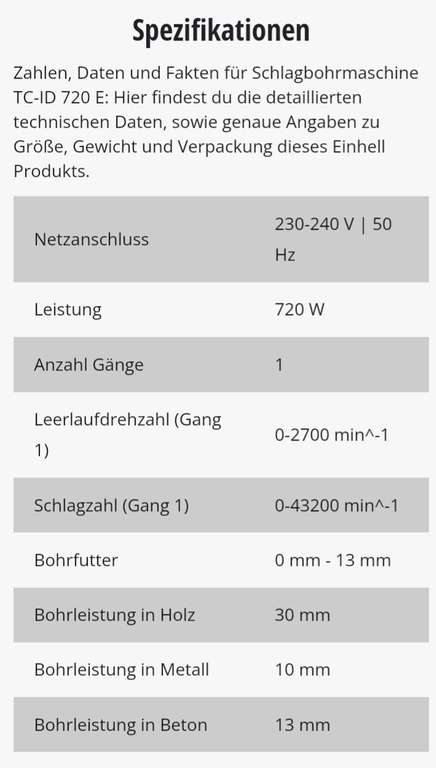 Einhell Werksverkauf B Ware: Schlagbohrmaschine TC ID 720/1E, 720 Watt, Bohrleistung Holz 30mm/Beton 13mm/ Metall 10mm