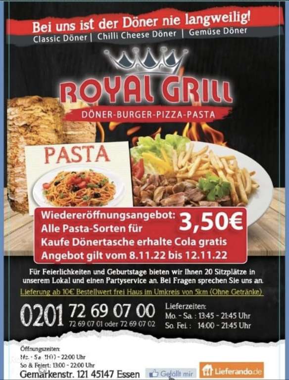 Royal Grill Wiedereröffnung . Alle Pasta-Sorten für 3,5€ ( Lokal Essen)