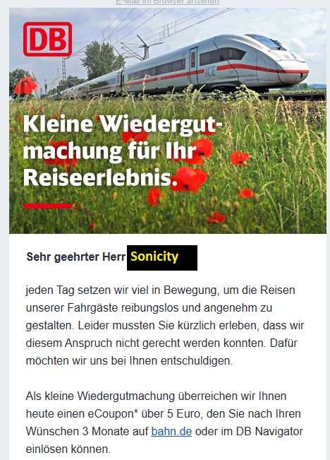 [Deutsche Bahn] Personalisiert e-Coupon Gutschein 5€ ab 29€ Fahrkartenwert 3 Monate gültig