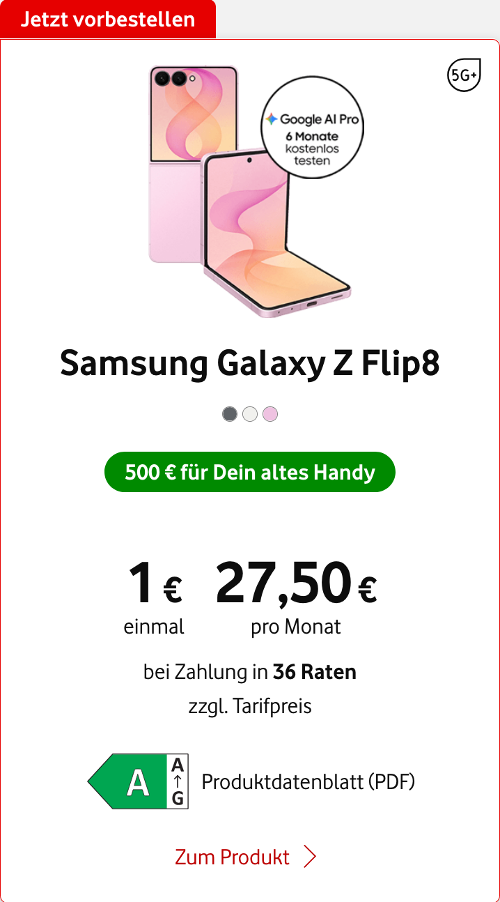 Vodafone Aktion - Samsung Galaxy Z Flip8/Fold8: Freestyle 2. Gen gratis & 500€ Trade in Bonus garantiert & 6 Monate Google Ai Pro