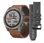 GARMIN FĒNIX 7X Touchscreen Smartwatch - SAPPHIRE SOLAR "010-02541" Slate grey Titanium with brown band