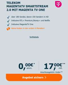 6 Monate kostenlos & 60€ Cashback: Telekom Magenta TV 2.0 SmartStream inkl. TV One eff. 8,04€/Monat