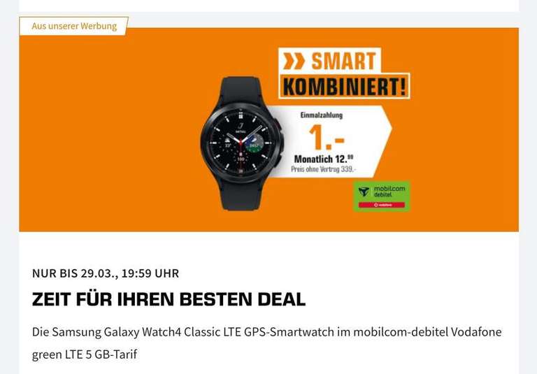 Mobilcom Debitel: Samsung Galaxy Watch 4classic 46mm LTE im Vodafone green LTE ( 5GB LTE 21Mbit, Allnet) 12.99€/M+1€ ZZ