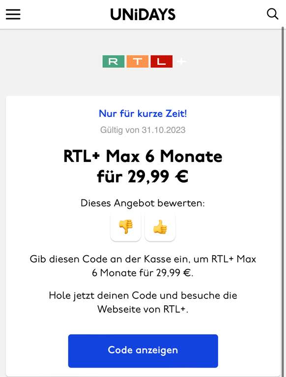 RTL+ „MAX“ für 6 Monate 29,99 über Unidays