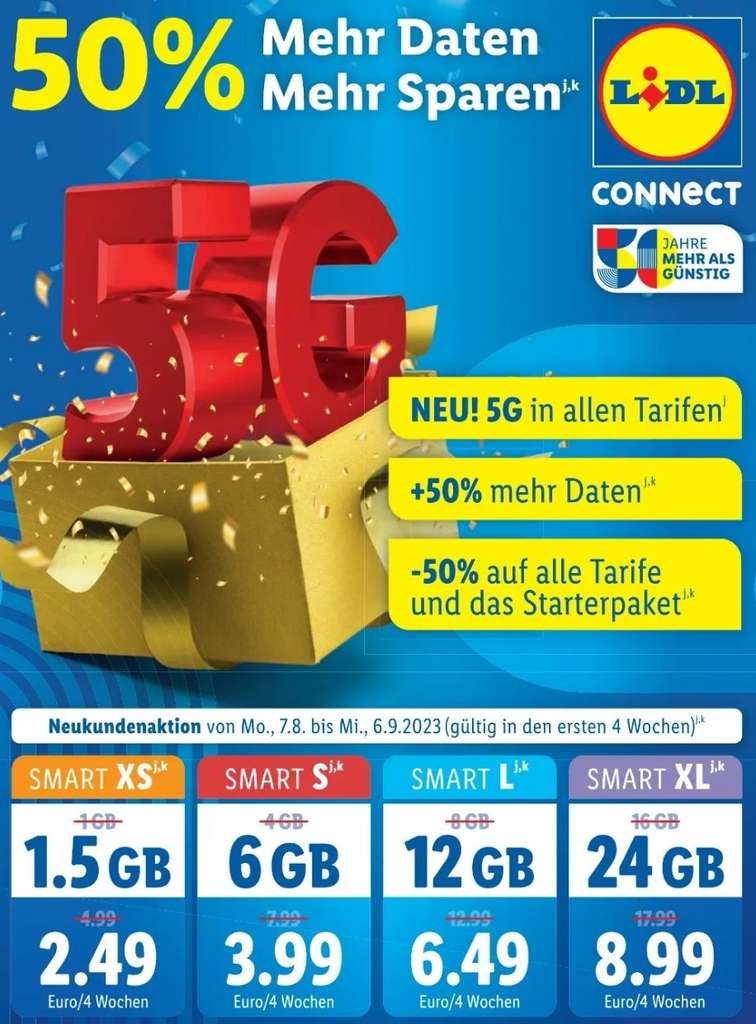 Prepaid Lidl Gutschrift 50% 10€ Starterpaket für alle Daten Connect] inkl. 50% 4,99 (im mydealz 5G Tarife, auf | + Aktionszeitraum!) Guthaben | mehr