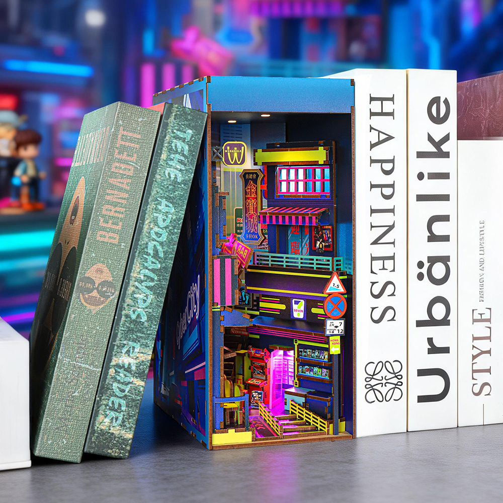 [Neukunden] OCHOICE Cyberpunk Buchnischen-Set / 3D Book Nook - Holz-Miniaturhaus | 310 Teile, inkl. LED-Beleuchtung, Aufbauzeit ca. 3-4 Std.