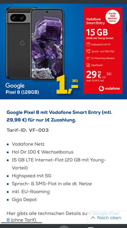 Euronics offline Google Pixel 8 mit 128 GB Vodafone Smart Entry (mtl. 29,99 €) für nur 1€ Zuzahlung Gigakombi 540,75€