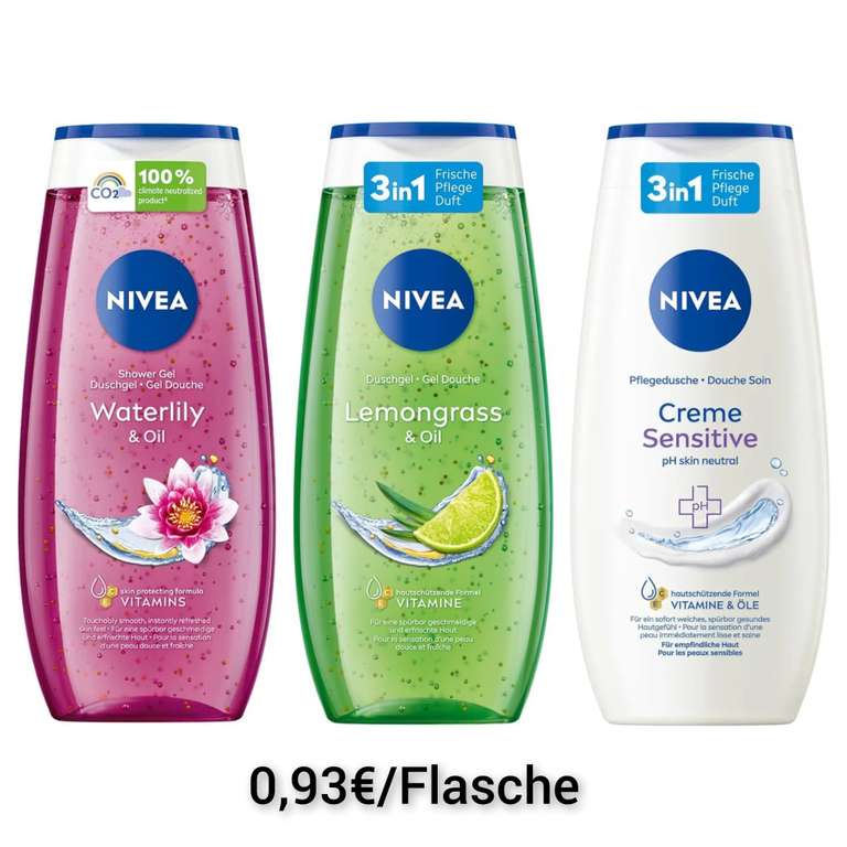 3x NIVEA Lemongrass & Oil, Waterlily & Oil oder Creme Sensitive Duschgel (250 ml) (Prime Spar-Abo)
