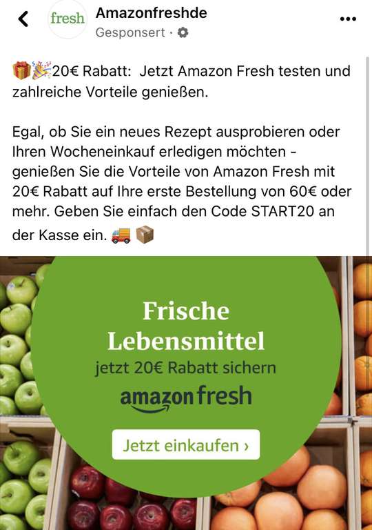 20€ Rabatt ab 60€ für die 1. Amazon Fresh Bestellung