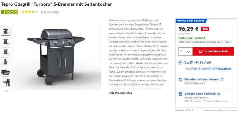 Tepro Gasgrill "Tarboro" 3-Brenner mit Seitenkocher - Grillwagen