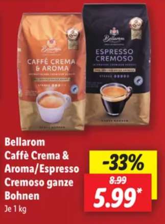 (Lidl) - Bellarom Cafe Crema & Espresso - 1 kg Kaffeebohnen -33 %