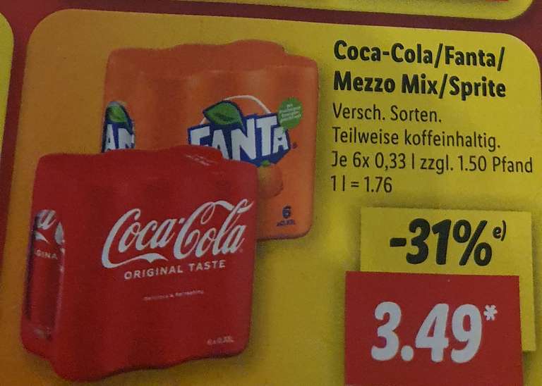 [LIDL] 6x 0,33l Coca Cola, Fanta, Cola Zero, Mezzo Mix, Sprite Limette, Cola Cherry [ 3,49€ zzgl. Pfand ]