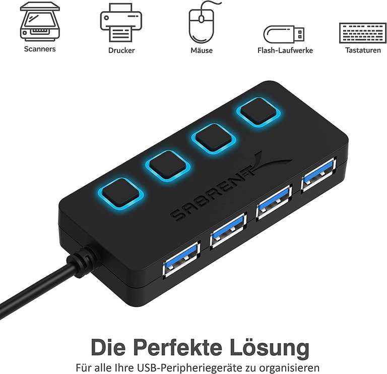 [Prime] Sabrent HB-UM43 USB-Verteiler (4x USB-A 3.0 mit separatem Ein-/Aus-Schalter, zusammen bis 5Gbit/s, LED-Beleuchtung)