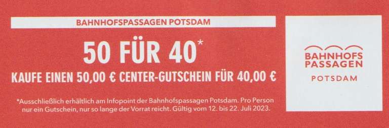 Lokal Potsdam: Bahnhofspassagen Hauptbahnhof Centergutschein 50 Euro für 40 Euro