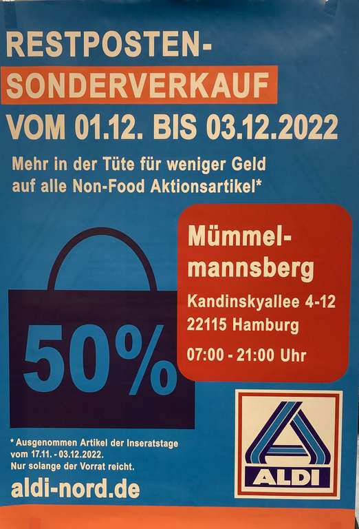 Aldi Nord: Hamburg Mümmelmannsberg 50% Restposten-Sonderverkauf auf Non-Food Artikel