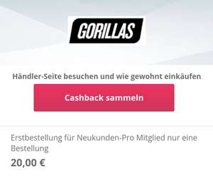 Topcashback Gorillas 20€ Cashback für Neukunden ohne MBW