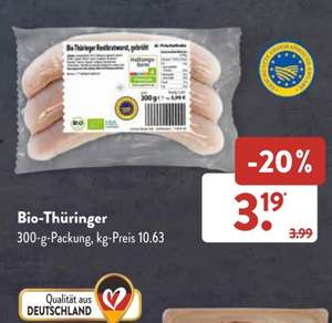 Aldi Süd'aktuell': Bio Thüringer ( Haltungsstufe 4) Bratwurst, 300g Packung, Kilopreis: 10.63€, ideal bei diesem Wetter mal grillen
