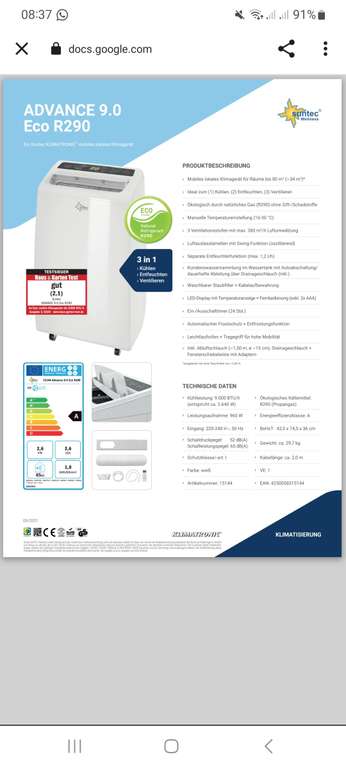 [ Lokal OBI Velbert ] Suntec mobile Klimaanlage Advance 9.0 Eco Design Weiß EEK: A