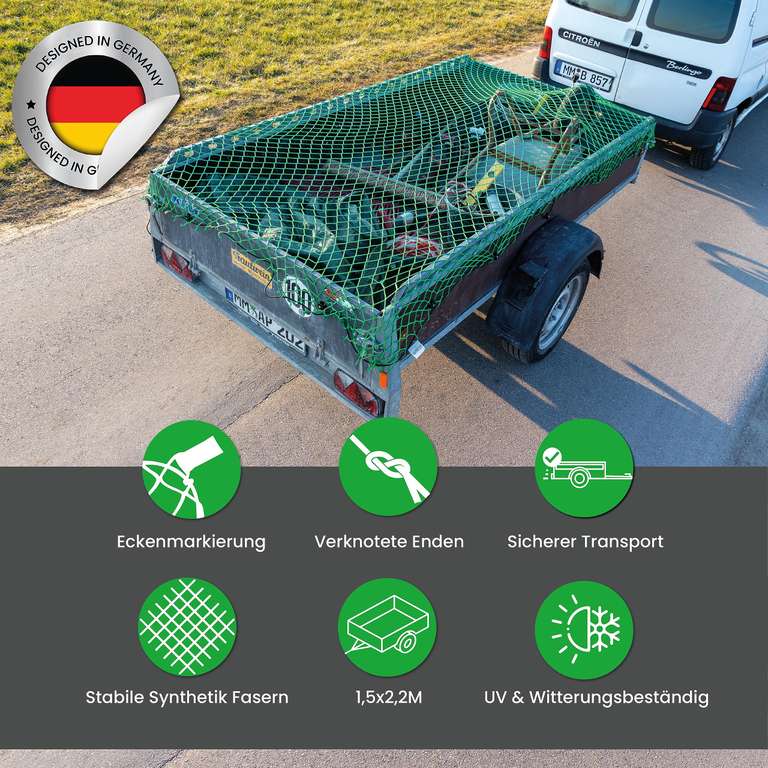 CargoVA® Intelligentes Anhängernetz 1,5x2,2M - Hängernetz mit Gummiseil und  Eckenmarkierung - zur perfekten Ladungssicherung : : Auto &  Motorrad
