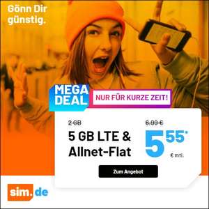 [sim.de SIM-Only] 5 GB LTE Datenvolumen + Telefon- & SMS-Flat + VoLTE & WLAN Call für 5,55€ monatlich o. 9GB LTE + Allnet-Flat für 8,99€