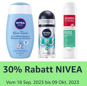 Nivea / Hidrofugal Aktion "Für 6 € einkaufen und 30 % sparen", z.B. 4 x NIVEA MEN Cool Kick Fresh Deo Roll-On (50 ml) [Prime Spar-Abo]