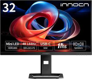 INNOCN 32 Zoll 4K-Monitor, UHD-Mini-LED-Gaming-Monitor, Freesync Premium@Max 144Hz, HDR1000, HDMI, USB-C 90 W, Displayport, Lautsprecher