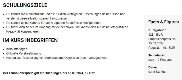Nikon Kamerakurse mit Frühbucherrabatt bis Freitag! Düsseldorf, Berlin, Immenstadt (Allgäu)
