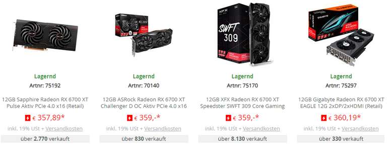 4 AMD Radeon RX 6700 XT (12GB) Modelle für ca. 359€ bei Mindfactory (AsRock, Asus, Gigabyte, Sapphire, XFX)