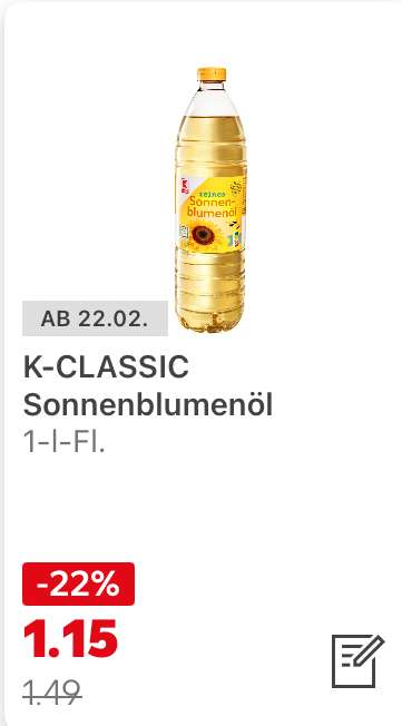 [Kaufland] Bundesweit? K-Classic Sonnenblumenöl 1l Flasche