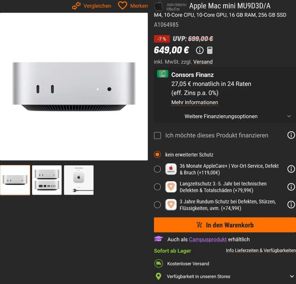 Mac mini M4 10‑Core CPU/GPU, 16GB/256GB – 643€ bei